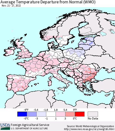 Europe Average Temperature Departure from Normal (WMO) Thematic Map For 11/21/2022 - 11/27/2022