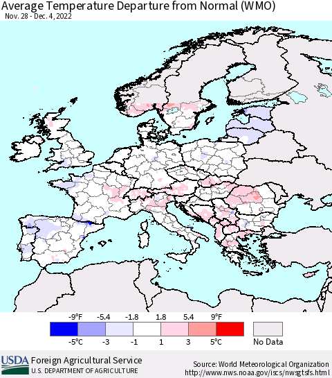 Europe Average Temperature Departure from Normal (WMO) Thematic Map For 11/28/2022 - 12/4/2022