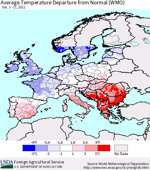 Europe Average Temperature Departure from Normal (WMO) Thematic Map For 12/5/2022 - 12/11/2022