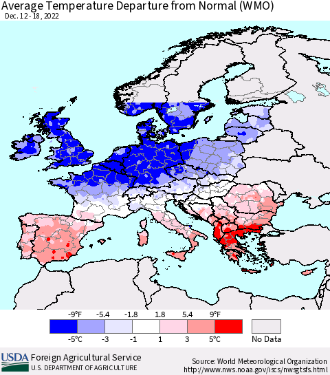 Europe Average Temperature Departure from Normal (WMO) Thematic Map For 12/12/2022 - 12/18/2022