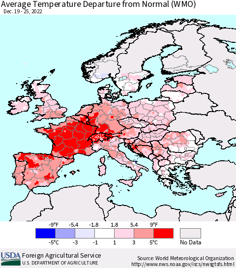 Europe Average Temperature Departure from Normal (WMO) Thematic Map For 12/19/2022 - 12/25/2022