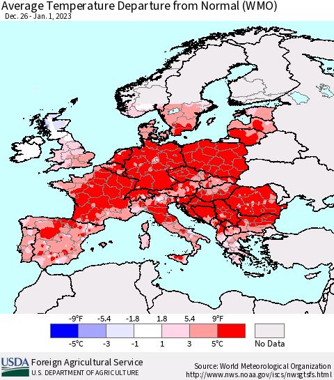 Europe Average Temperature Departure from Normal (WMO) Thematic Map For 12/26/2022 - 1/1/2023