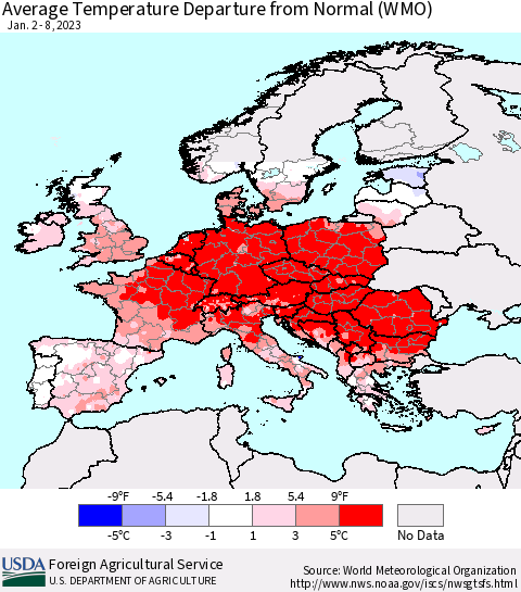 Europe Average Temperature Departure from Normal (WMO) Thematic Map For 1/2/2023 - 1/8/2023