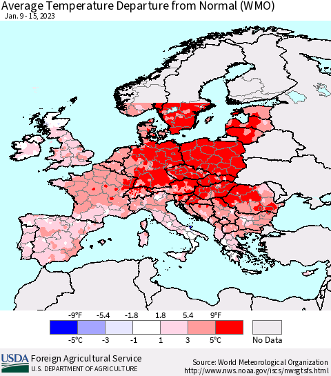 Europe Average Temperature Departure from Normal (WMO) Thematic Map For 1/9/2023 - 1/15/2023