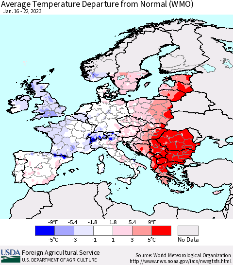 Europe Average Temperature Departure from Normal (WMO) Thematic Map For 1/16/2023 - 1/22/2023