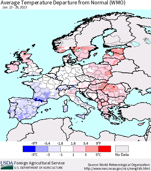 Europe Average Temperature Departure from Normal (WMO) Thematic Map For 1/23/2023 - 1/29/2023