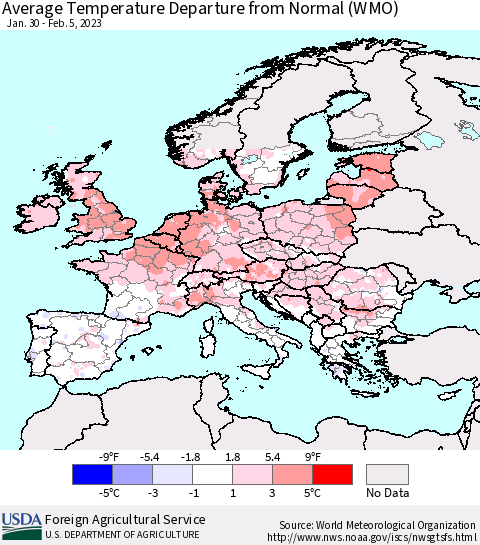 Europe Average Temperature Departure from Normal (WMO) Thematic Map For 1/30/2023 - 2/5/2023
