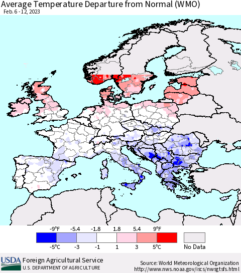 Europe Average Temperature Departure from Normal (WMO) Thematic Map For 2/6/2023 - 2/12/2023