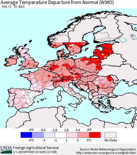 Europe Average Temperature Departure from Normal (WMO) Thematic Map For 2/13/2023 - 2/19/2023