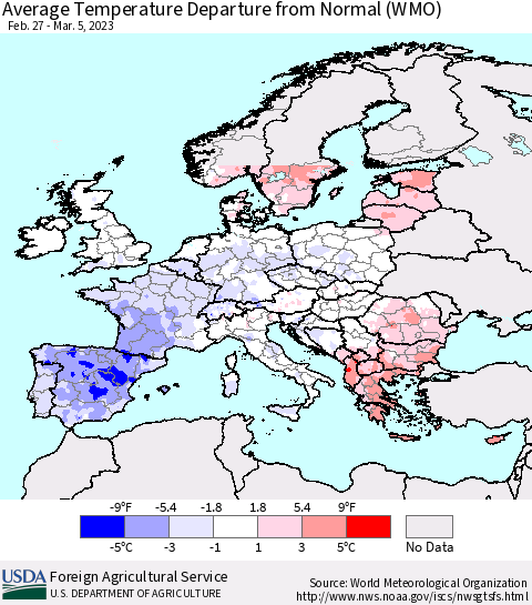 Europe Average Temperature Departure from Normal (WMO) Thematic Map For 2/27/2023 - 3/5/2023