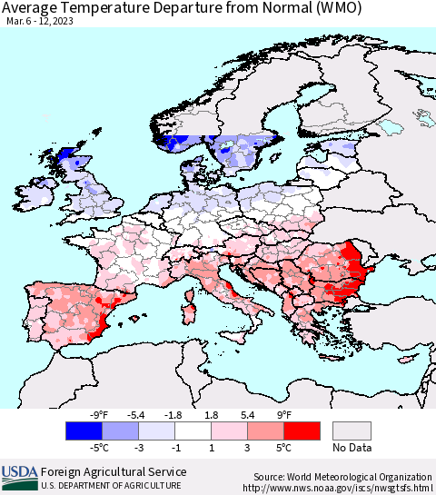 Europe Average Temperature Departure from Normal (WMO) Thematic Map For 3/6/2023 - 3/12/2023