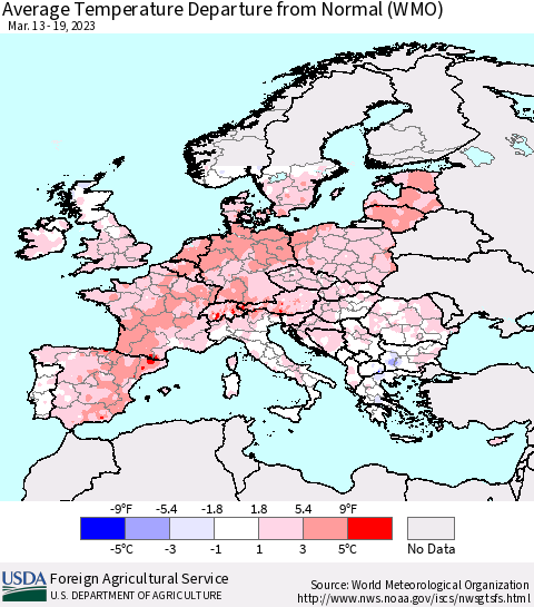 Europe Average Temperature Departure from Normal (WMO) Thematic Map For 3/13/2023 - 3/19/2023