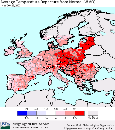 Europe Average Temperature Departure from Normal (WMO) Thematic Map For 3/20/2023 - 3/26/2023