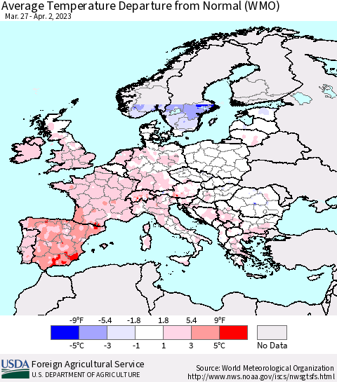 Europe Average Temperature Departure from Normal (WMO) Thematic Map For 3/27/2023 - 4/2/2023
