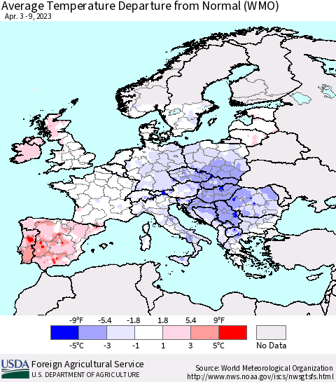 Europe Average Temperature Departure from Normal (WMO) Thematic Map For 4/3/2023 - 4/9/2023