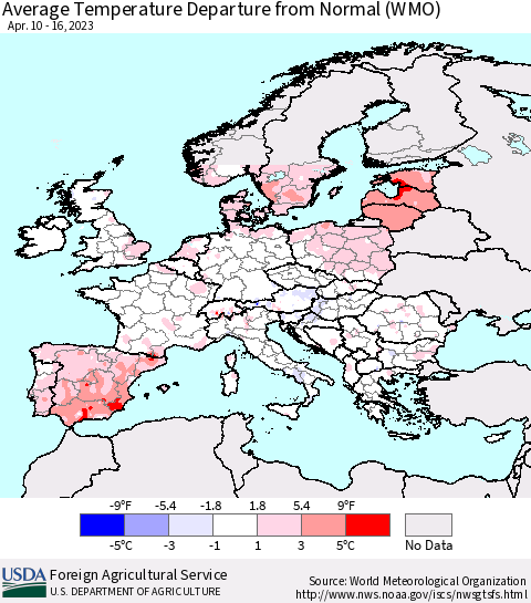 Europe Average Temperature Departure from Normal (WMO) Thematic Map For 4/10/2023 - 4/16/2023
