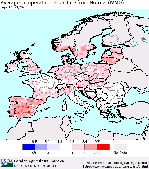 Europe Average Temperature Departure from Normal (WMO) Thematic Map For 4/17/2023 - 4/23/2023