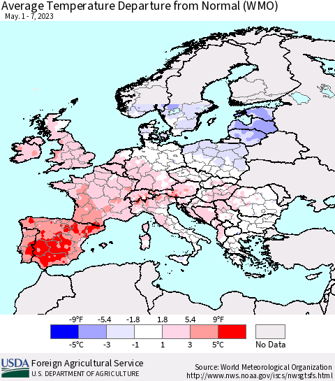 Europe Average Temperature Departure from Normal (WMO) Thematic Map For 5/1/2023 - 5/7/2023