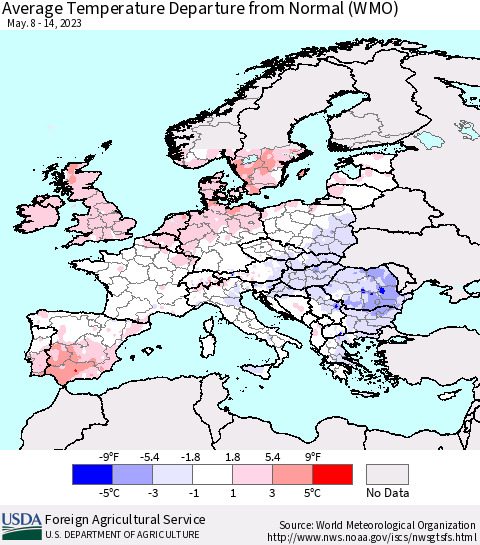 Europe Average Temperature Departure from Normal (WMO) Thematic Map For 5/8/2023 - 5/14/2023