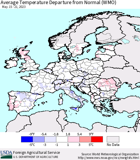 Europe Average Temperature Departure from Normal (WMO) Thematic Map For 5/15/2023 - 5/21/2023
