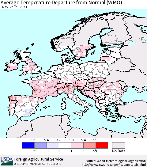 Europe Average Temperature Departure from Normal (WMO) Thematic Map For 5/22/2023 - 5/28/2023