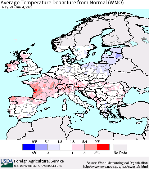 Europe Average Temperature Departure from Normal (WMO) Thematic Map For 5/29/2023 - 6/4/2023