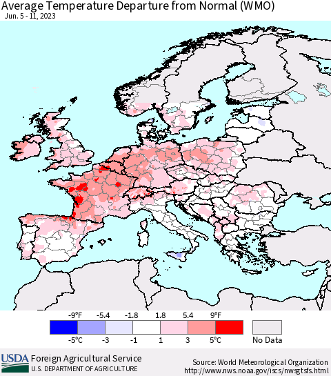 Europe Average Temperature Departure from Normal (WMO) Thematic Map For 6/5/2023 - 6/11/2023