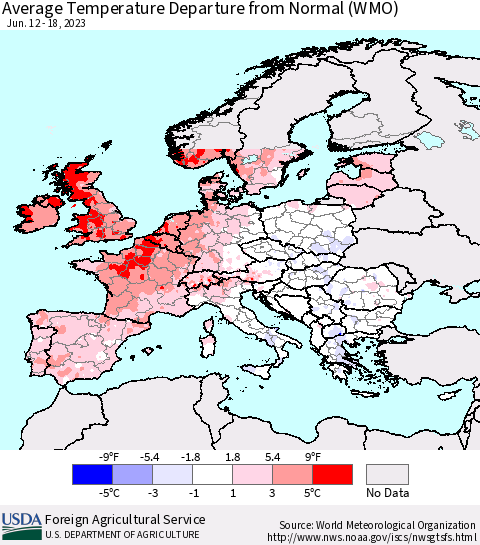 Europe Average Temperature Departure from Normal (WMO) Thematic Map For 6/12/2023 - 6/18/2023