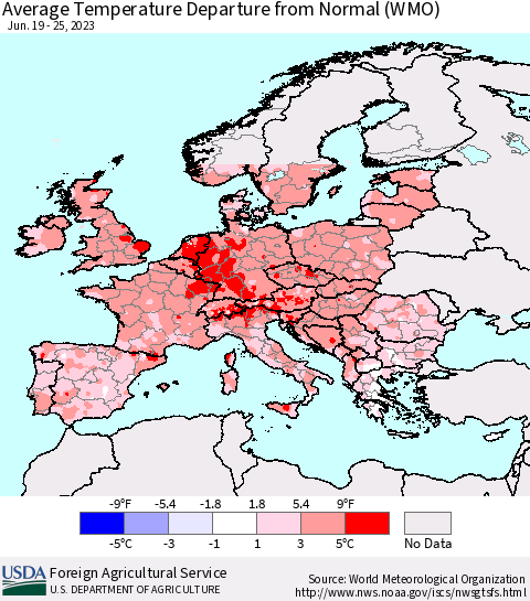 Europe Average Temperature Departure from Normal (WMO) Thematic Map For 6/19/2023 - 6/25/2023