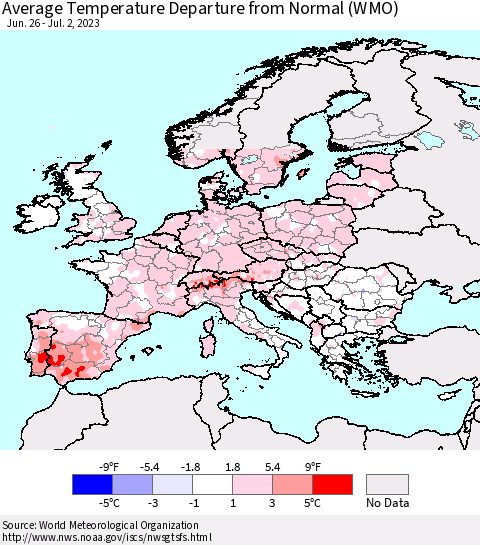 Europe Average Temperature Departure from Normal (WMO) Thematic Map For 6/26/2023 - 7/2/2023