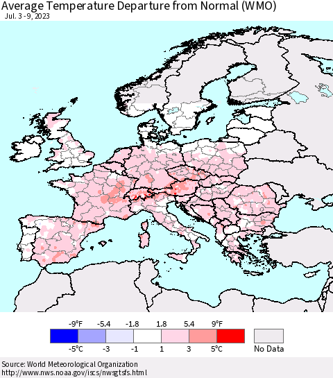 Europe Average Temperature Departure from Normal (WMO) Thematic Map For 7/3/2023 - 7/9/2023