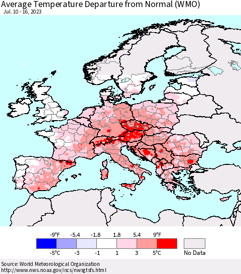 Europe Average Temperature Departure from Normal (WMO) Thematic Map For 7/10/2023 - 7/16/2023