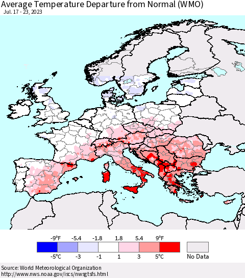 Europe Average Temperature Departure from Normal (WMO) Thematic Map For 7/17/2023 - 7/23/2023