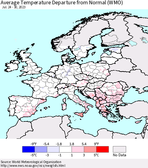 Europe Average Temperature Departure from Normal (WMO) Thematic Map For 7/24/2023 - 7/30/2023