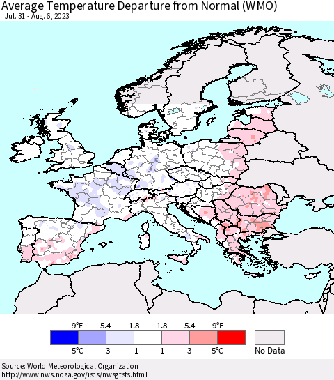 Europe Average Temperature Departure from Normal (WMO) Thematic Map For 7/31/2023 - 8/6/2023
