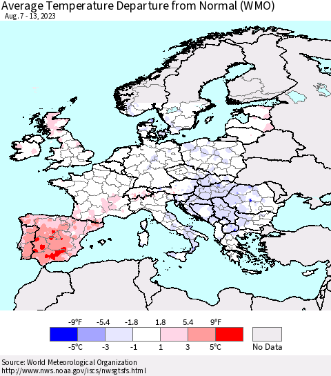 Europe Average Temperature Departure from Normal (WMO) Thematic Map For 8/7/2023 - 8/13/2023