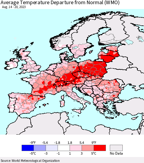 Europe Average Temperature Departure from Normal (WMO) Thematic Map For 8/14/2023 - 8/20/2023