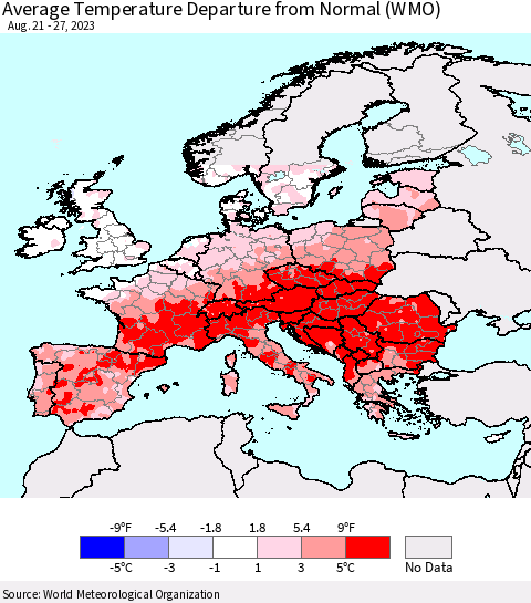Europe Average Temperature Departure from Normal (WMO) Thematic Map For 8/21/2023 - 8/27/2023