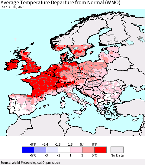 Europe Average Temperature Departure from Normal (WMO) Thematic Map For 9/4/2023 - 9/10/2023