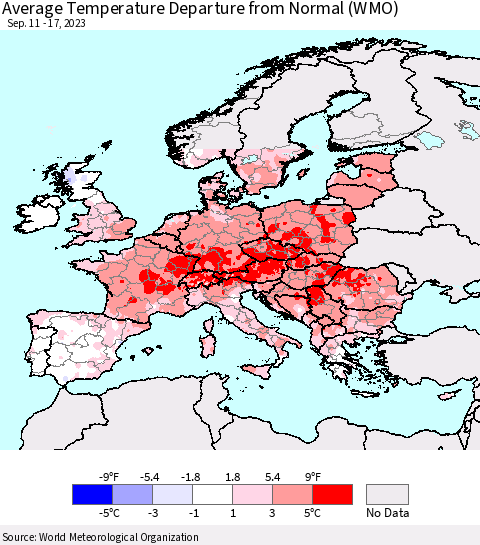 Europe Average Temperature Departure from Normal (WMO) Thematic Map For 9/11/2023 - 9/17/2023