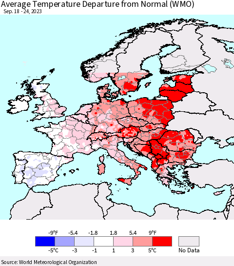 Europe Average Temperature Departure from Normal (WMO) Thematic Map For 9/18/2023 - 9/24/2023