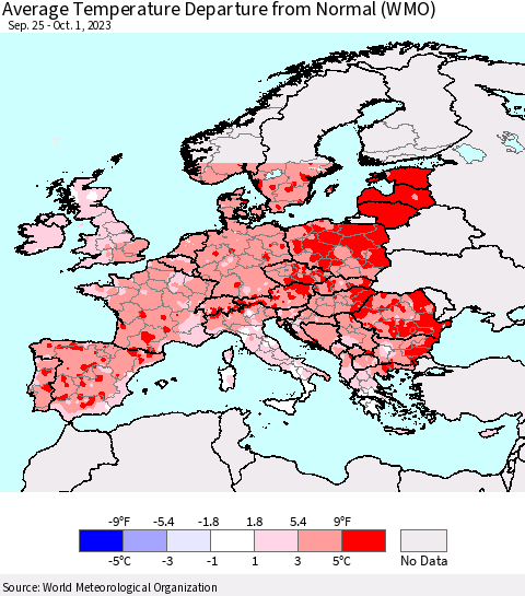 Europe Average Temperature Departure from Normal (WMO) Thematic Map For 9/25/2023 - 10/1/2023