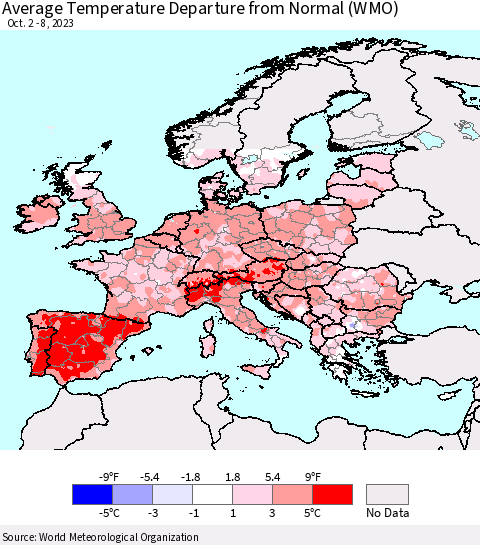 Europe Average Temperature Departure from Normal (WMO) Thematic Map For 10/2/2023 - 10/8/2023