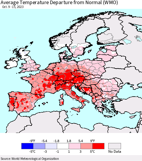Europe Average Temperature Departure from Normal (WMO) Thematic Map For 10/9/2023 - 10/15/2023