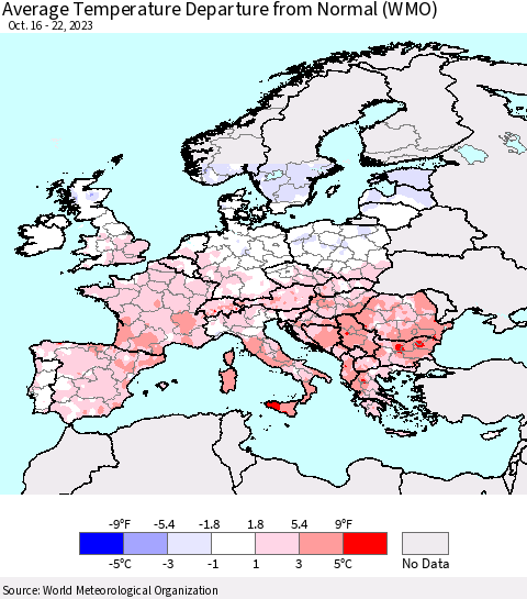Europe Average Temperature Departure from Normal (WMO) Thematic Map For 10/16/2023 - 10/22/2023
