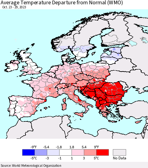 Europe Average Temperature Departure from Normal (WMO) Thematic Map For 10/23/2023 - 10/29/2023