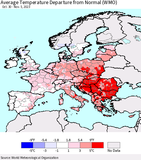 Europe Average Temperature Departure from Normal (WMO) Thematic Map For 10/30/2023 - 11/5/2023