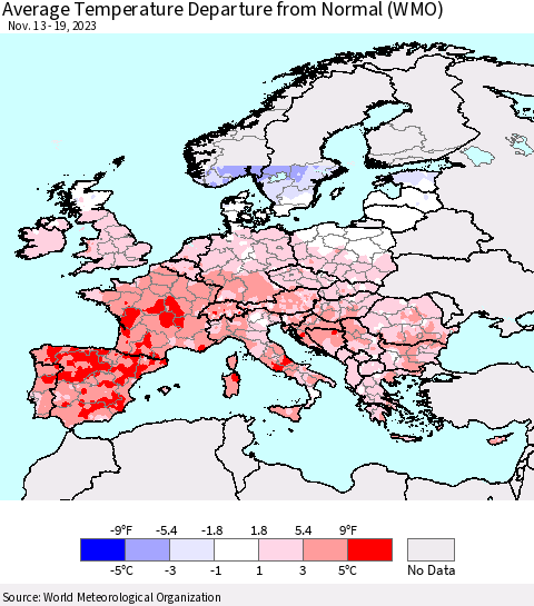Europe Average Temperature Departure from Normal (WMO) Thematic Map For 11/13/2023 - 11/19/2023