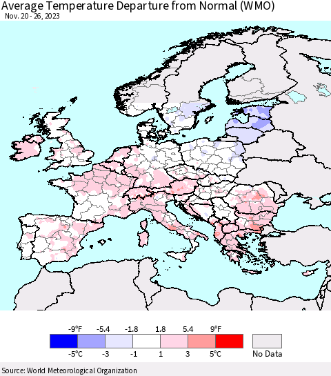 Europe Average Temperature Departure from Normal (WMO) Thematic Map For 11/20/2023 - 11/26/2023