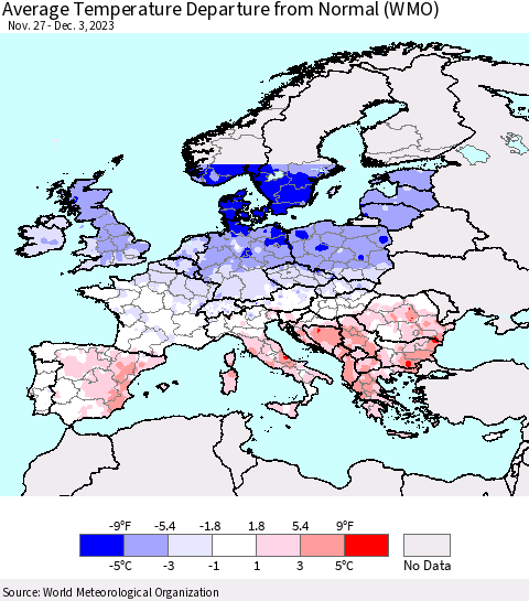 Europe Average Temperature Departure from Normal (WMO) Thematic Map For 11/27/2023 - 12/3/2023